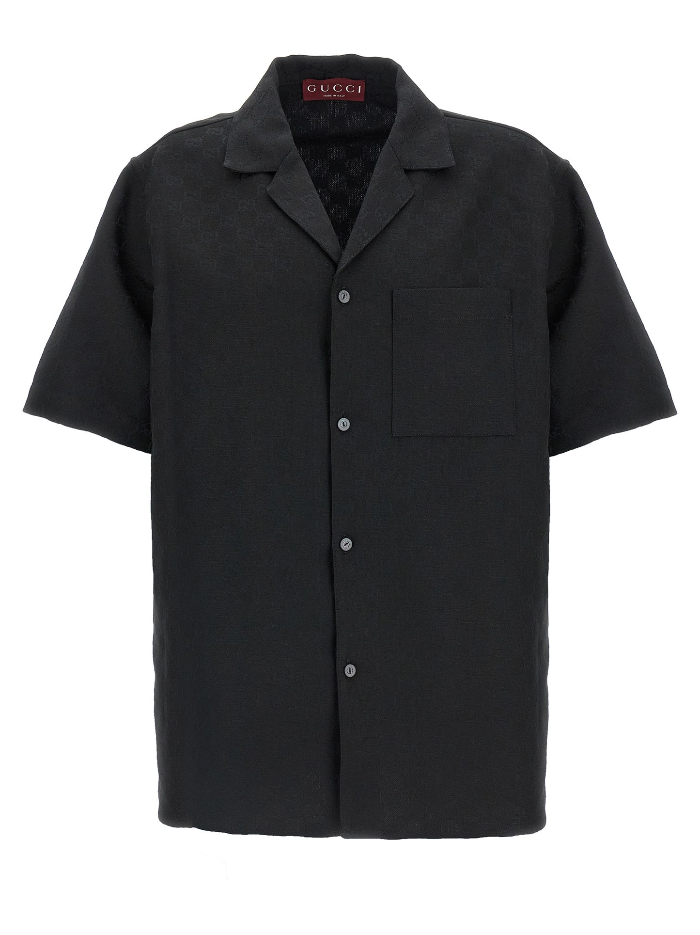 Shirt by Gucci for men in linen & polyester black & jacquard showcases a sublime silhouette, artfully detailed with a sublime v-neck neckline and short-sleeve for a sophisticated, sublime finish.