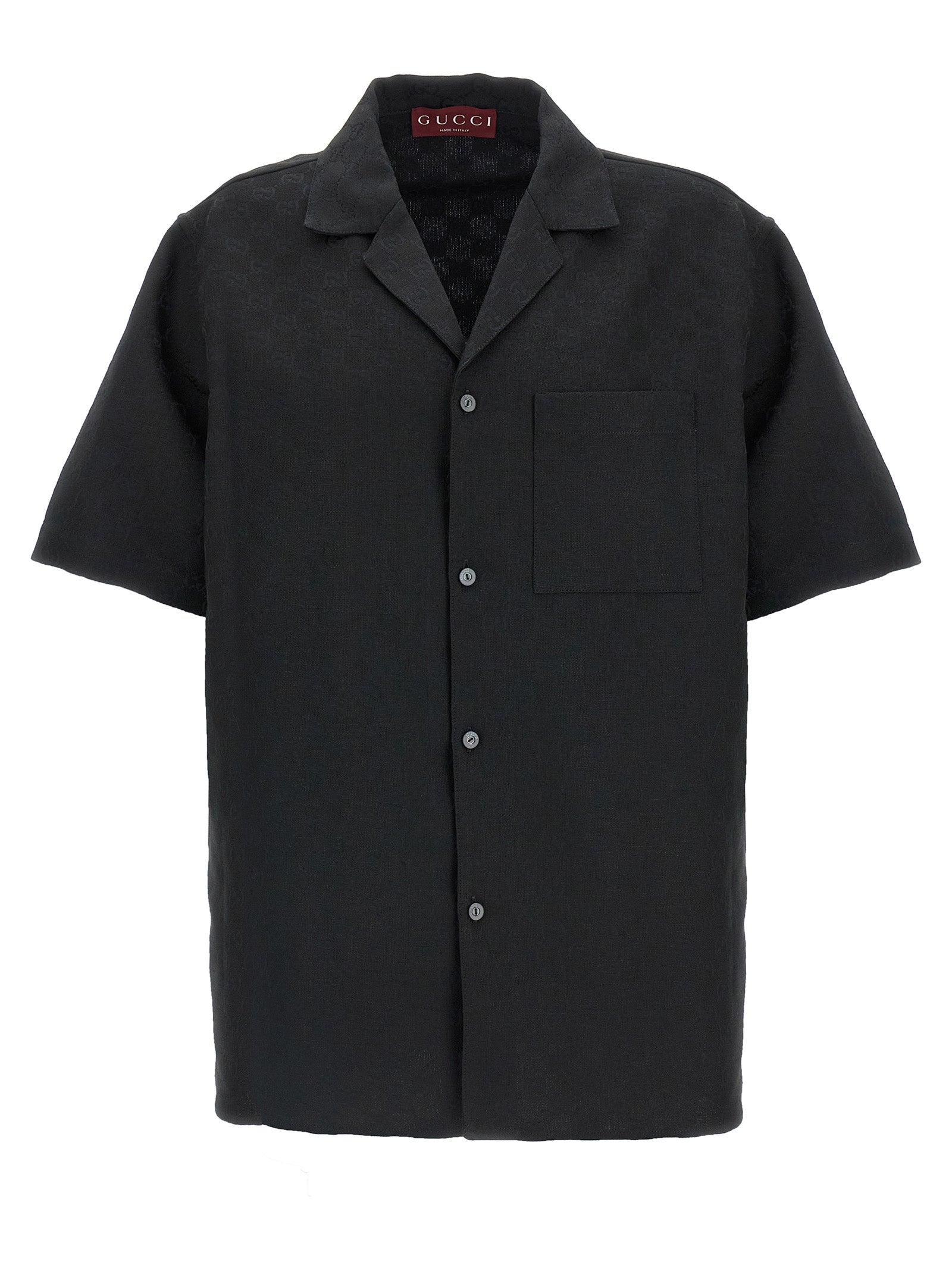 Shirt by Gucci for men in linen & polyester black & jacquard showcases a sublime silhouette, artfully detailed with a sublime v-neck neckline and short-sleeve for a sophisticated, sublime finish.