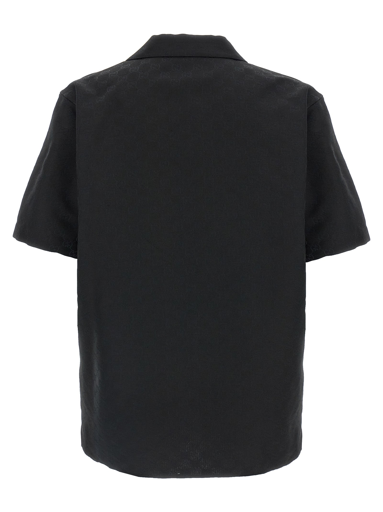 Shirt by Gucci for men in linen & polyester black & jacquard showcases a sharp silhouette, elegantly detailed with a sharp v-neck neckline and sharp .
