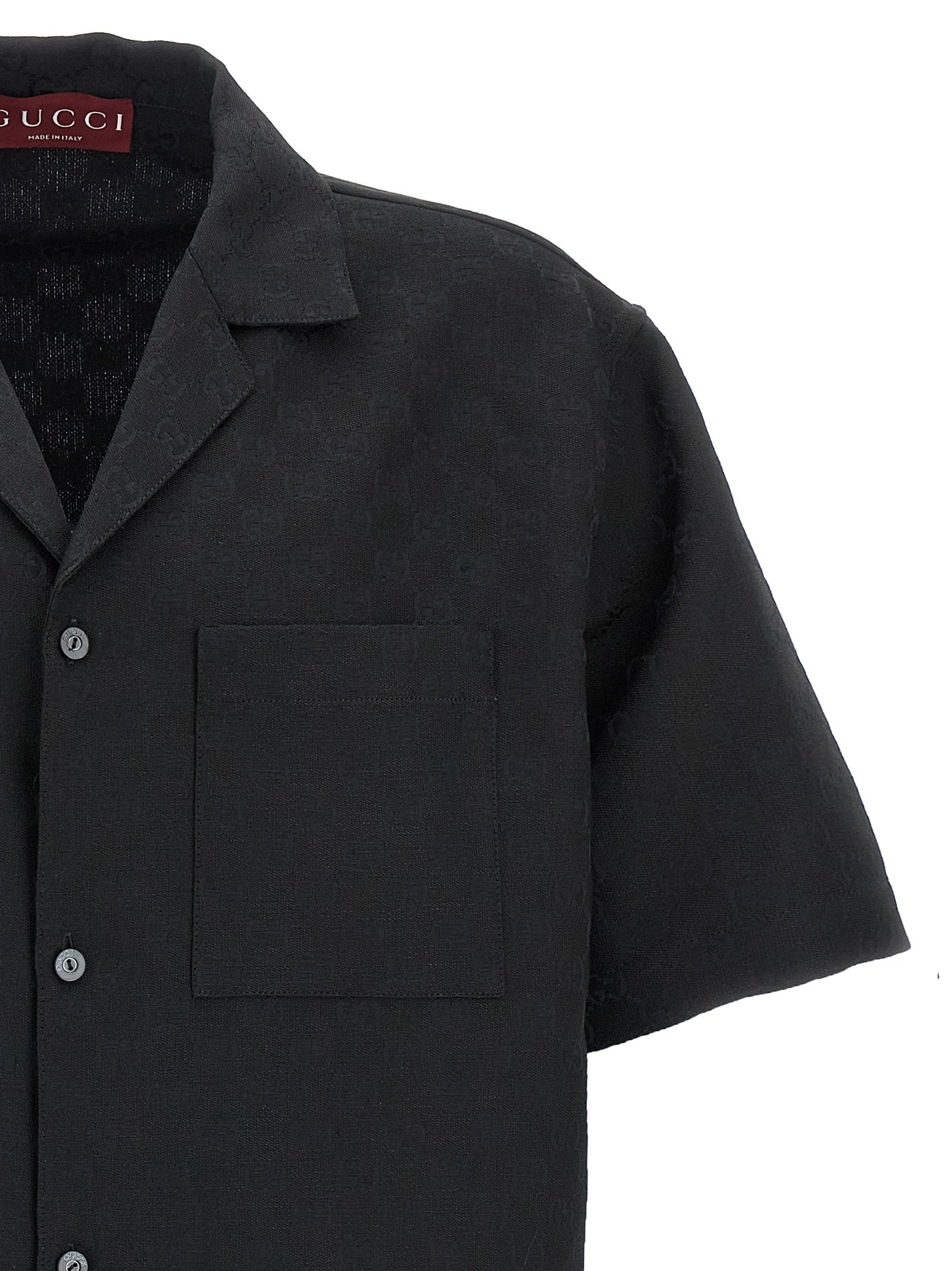 Shirt by Gucci for men in linen & polyester black & jacquard, featuring a nuanced and nuanced v-neck neckline for a sophisticated finish.
