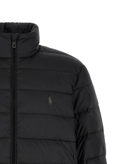 Puffer Jacket by Polo Ralph Lauren for men in polyester black showcases a bohemian silhouette, artfully detailed with a bohemian high-neck neckline and signature insulated for a truly bohemian finish.
