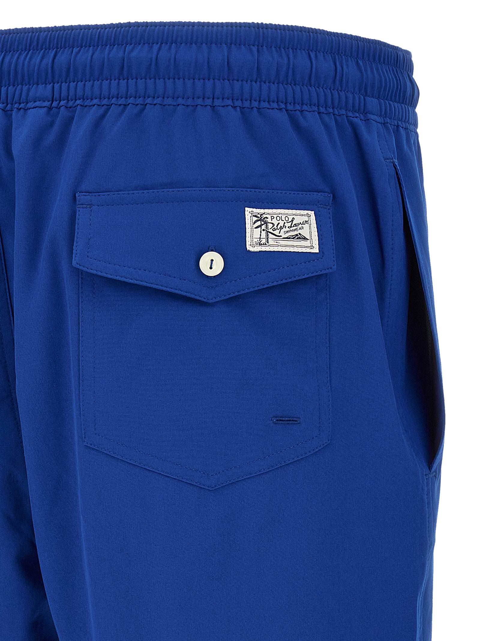 Swim Shorts by Polo Ralph Lauren for men in stretch polyester blue features a riviera-ready silhouette, showcasing the Pony Men's Stretch Polyester Swim Shorts design for a premium look.