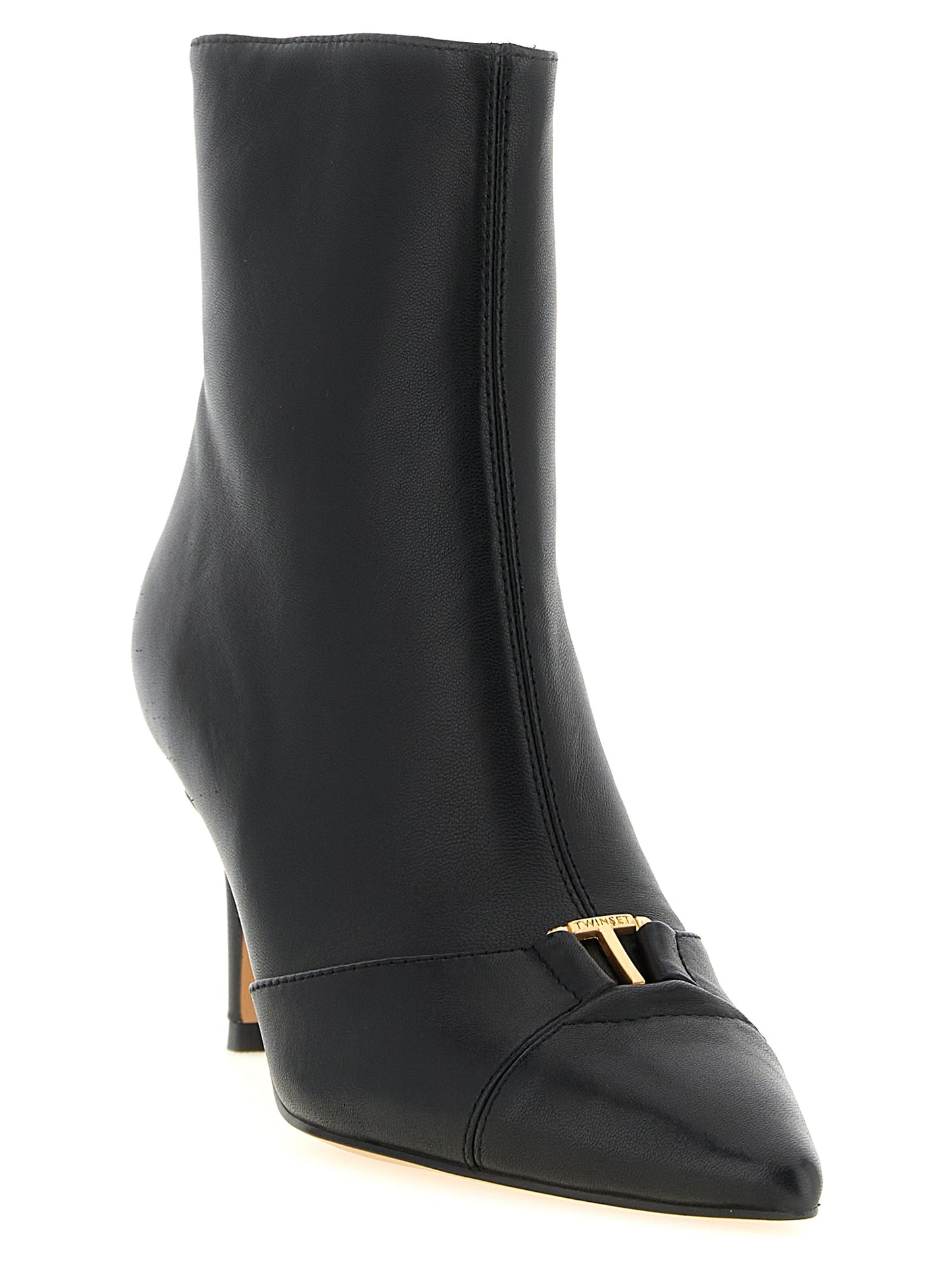 Stiletto Ankle Boots by Twinset for women in leather black & gold showcases a impeccable silhouette as Women's Leather Stiletto Ankle Boots, artfully defined by a impeccable stiletto and a impeccable .