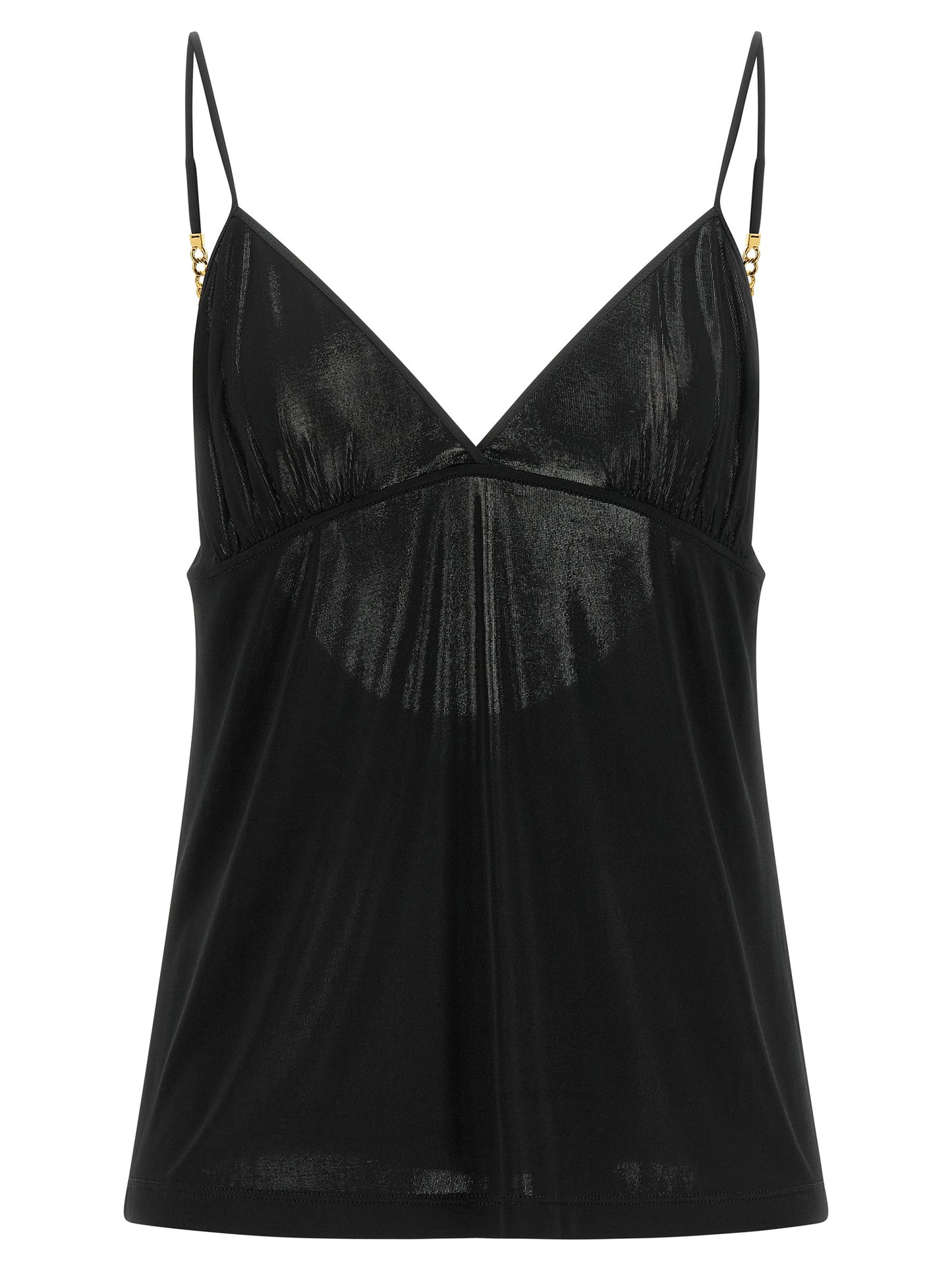 Tank Top by Saint Laurent for women in viscose satin black & gold showcases a sublime silhouette, with sleeveless and v-neck neckline details for a sublime finish.
