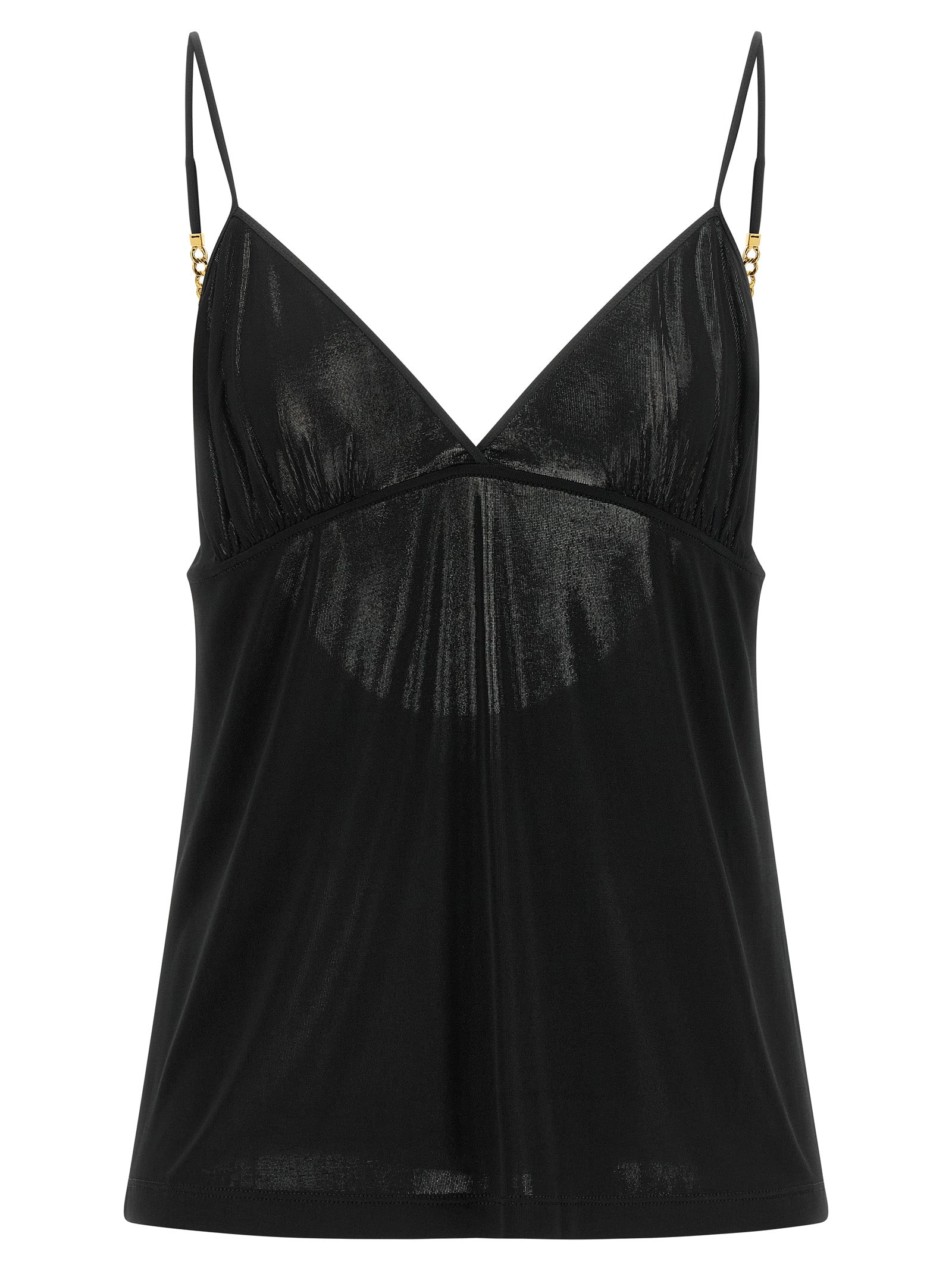 Tank Top by Saint Laurent for women in viscose satin black & gold showcases a sublime silhouette, with sleeveless and v-neck neckline details for a sublime finish.