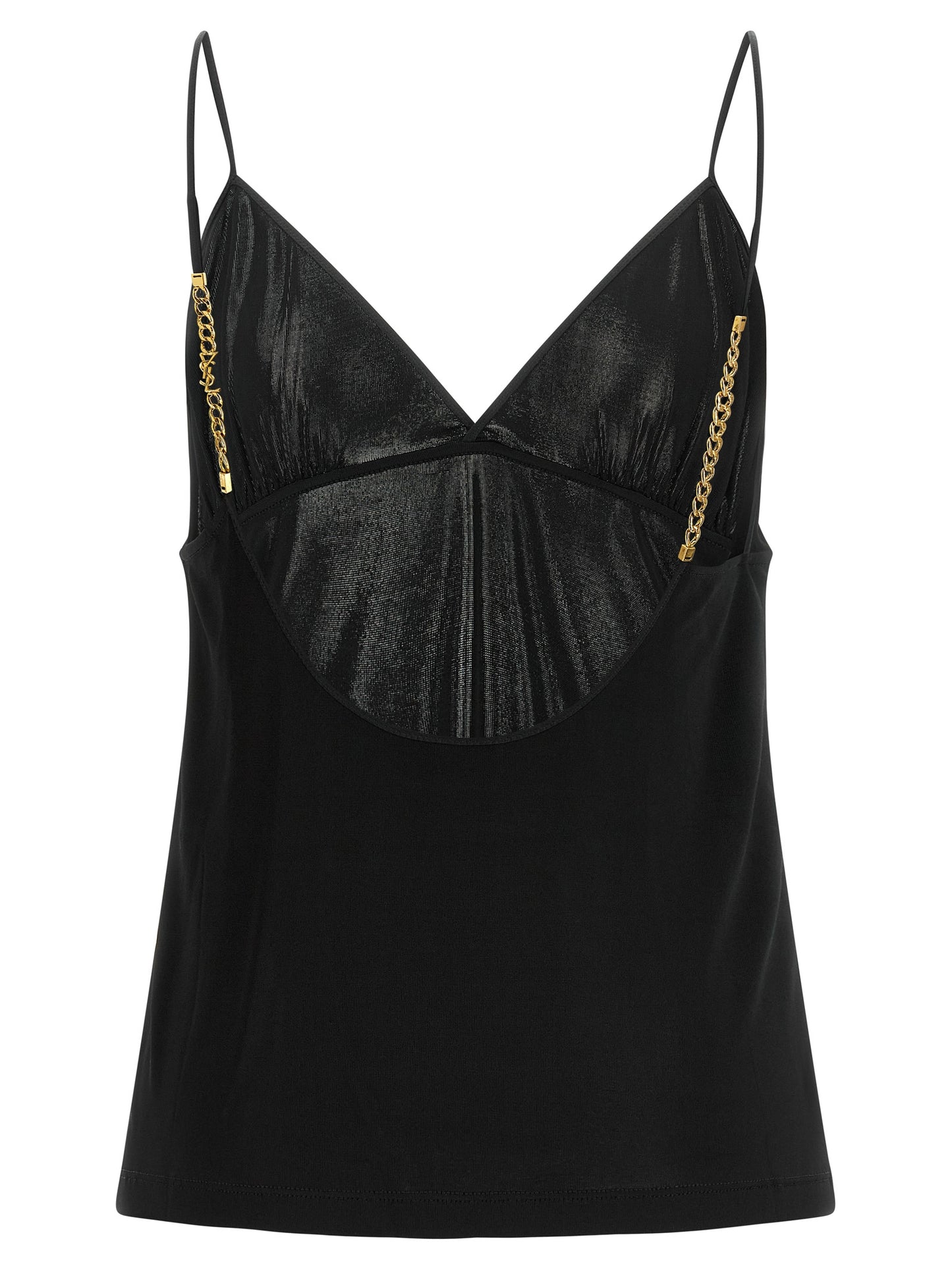 Tank Top by Saint Laurent for women in viscose satin black & gold showcases a sumptuous silhouette, artfully detailed with a sumptuous v-neck neckline and for a truly sumptuous finish.
