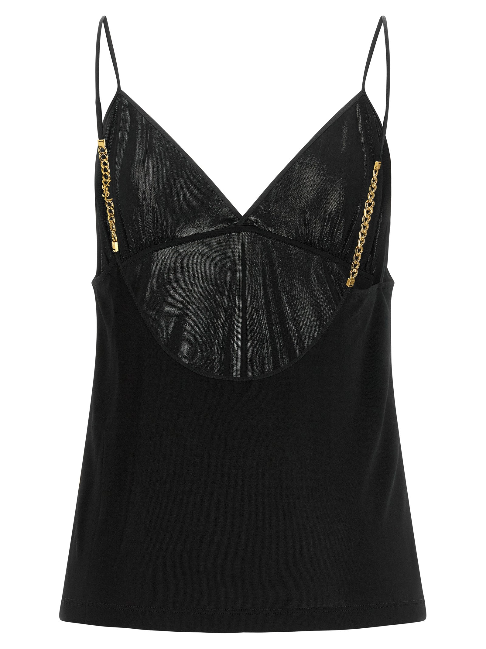 Tank Top by Saint Laurent for women in viscose satin black & gold showcases a sumptuous silhouette, artfully detailed with a sumptuous v-neck neckline and for a truly sumptuous finish.