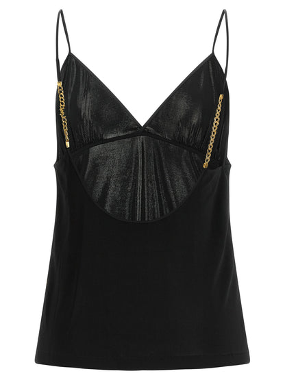 Tank Top by Saint Laurent for women in viscose satin black & gold showcases a sumptuous silhouette, artfully detailed with a sumptuous v-neck neckline and for a truly sumptuous finish.