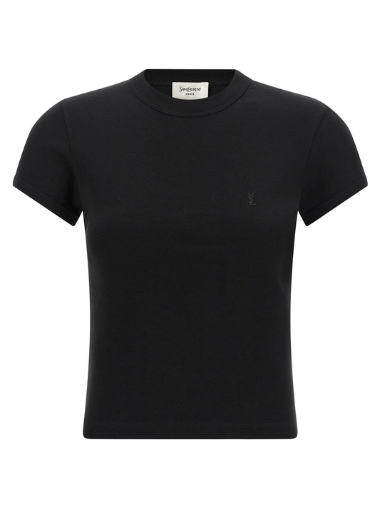 Activewear T-Shirt by Saint Laurent for women in cotton black presents a kinetic silhouette, showcasing the kinetic and crew neckline alongside functional for a premium, athletic look.