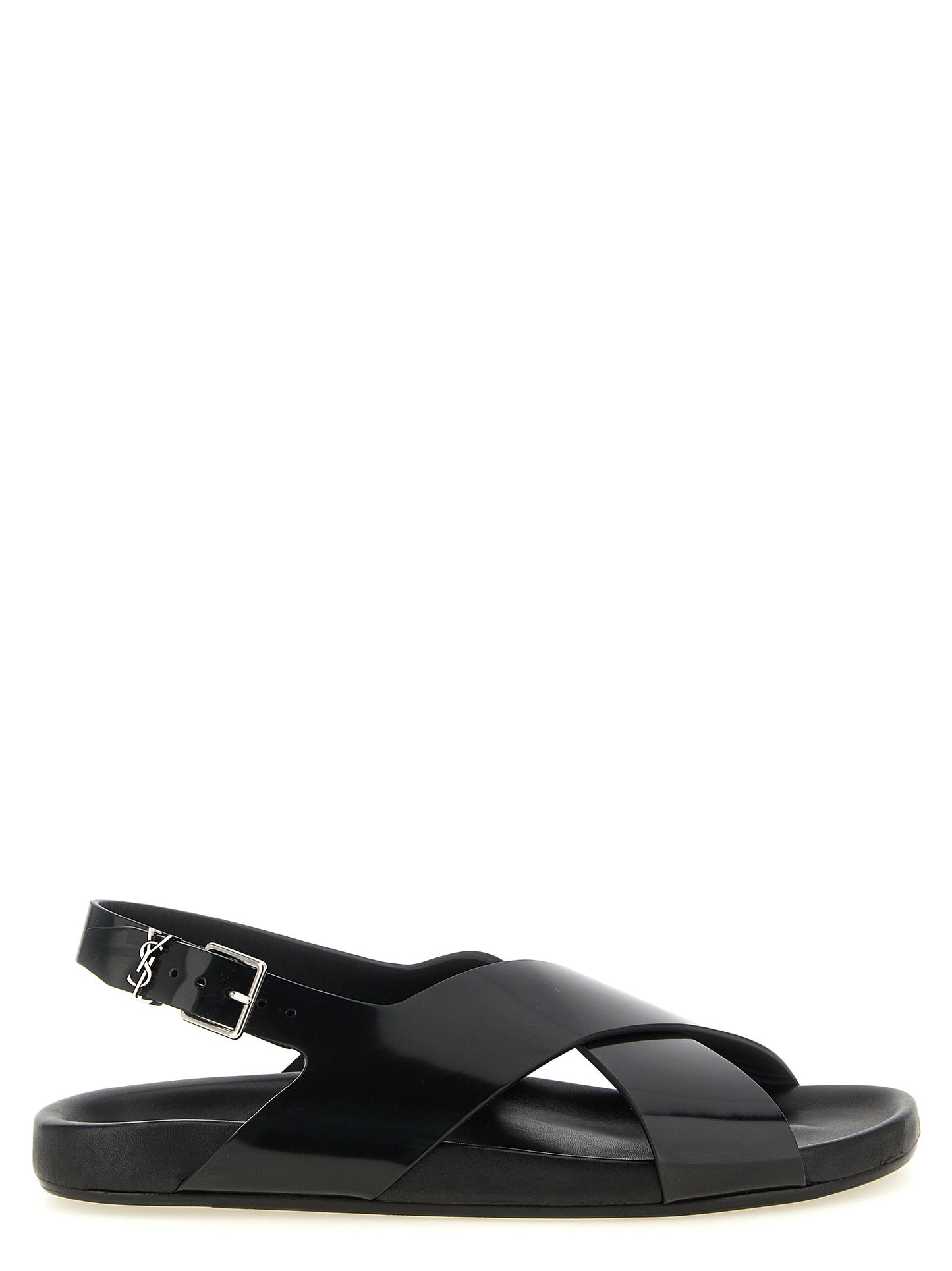 Flat Slingback Sandals by Saint Laurent for men in bos taurus calfskin leather black & silver features an effortlessly chic silhouette from the Cassandre Men's Bos Taurus Calfskin Leather Flat Slingback Sandals collection, showcasing a effortlessly chic flat and elegant .