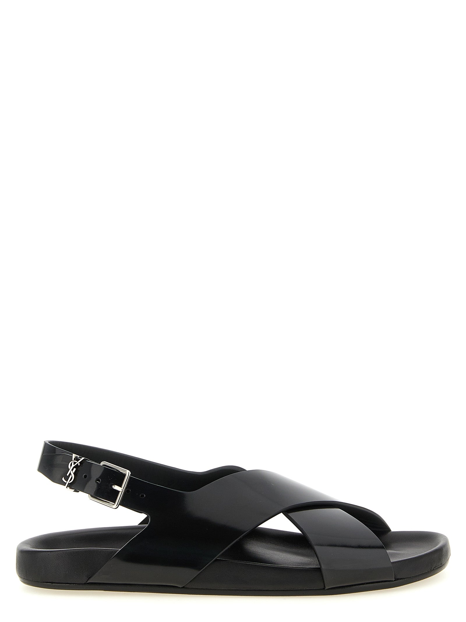 Flat Slingback Sandals by Saint Laurent for men in bos taurus calfskin leather black & silver features an effortlessly chic silhouette from the Cassandre Men's Bos Taurus Calfskin Leather Flat Slingback Sandals collection, showcasing a effortlessly chic flat and elegant .