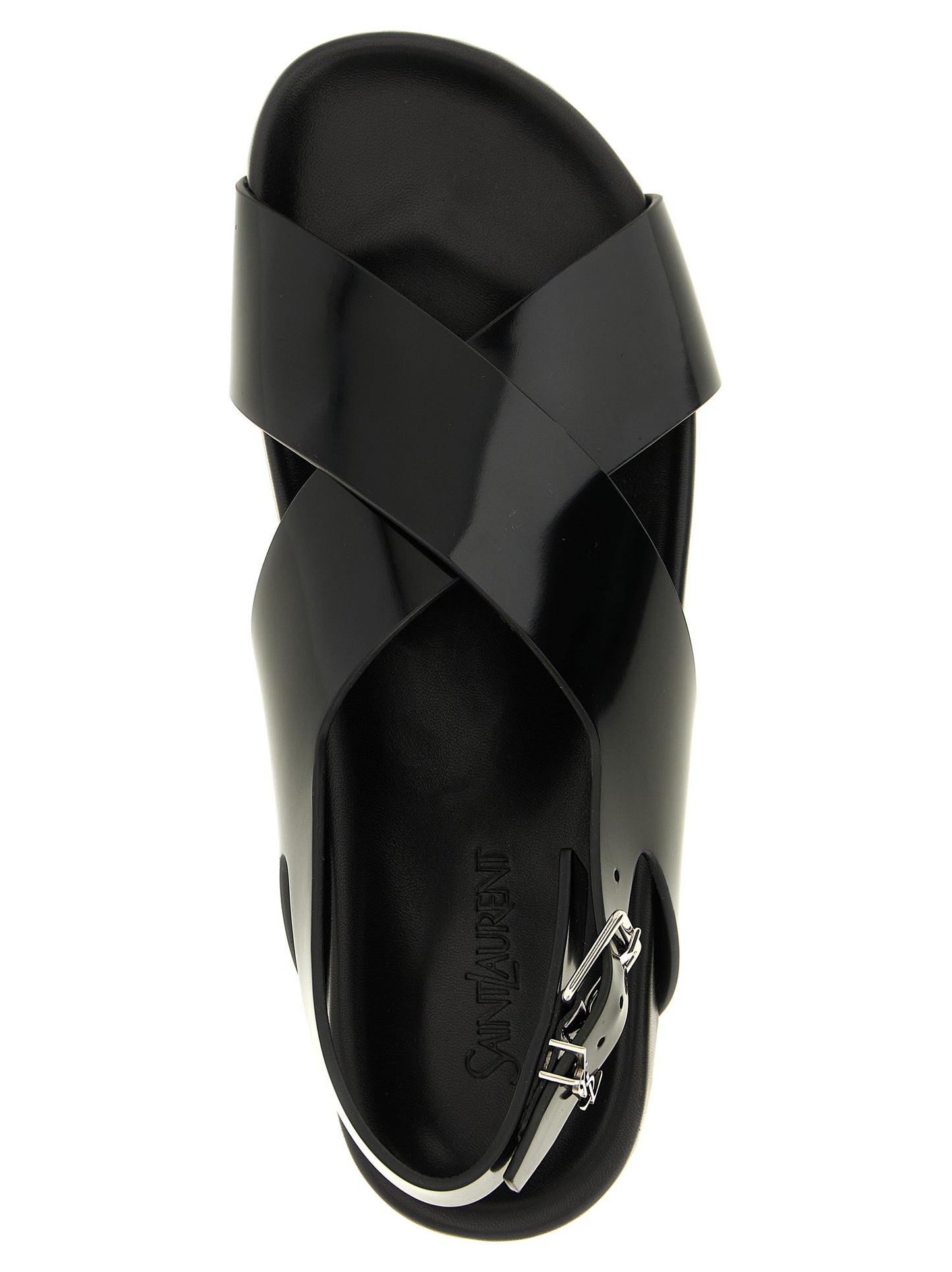 Flat Slingback Sandals by Saint Laurent for men in bos taurus calfskin leather black & silver presents a sculptural silhouette, showcasing the Cassandre Men's Bos Taurus Calfskin Leather Flat Slingback Sandals design with a sculptural flat and for a premium look.
