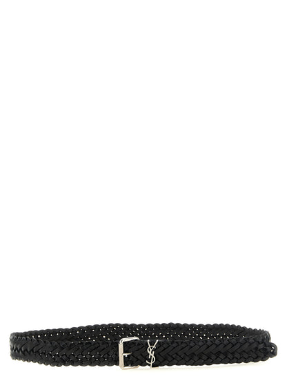 Belt by Saint Laurent for men in bos taurus calfskin leather black, silver & patterned features an artisanal silhouette, showcasing the artisanal craftsmanship of the Cassandre Bos Taurus Calfskin Leather Belt collection for a artisanal finish.