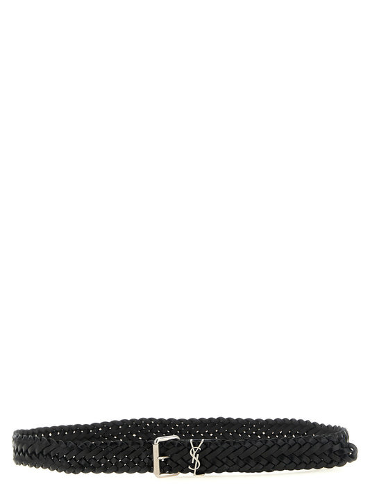 Belt by Saint Laurent for men in bos taurus calfskin leather black, silver & patterned features an artisanal silhouette, showcasing the artisanal craftsmanship of the Cassandre Bos Taurus Calfskin Leather Belt collection for a artisanal finish.