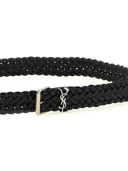 Belt by Saint Laurent for men in bos taurus calfskin leather black, silver & patterned features an artisanal finish, elegantly showcasing the signature style and artisanal craftsmanship of the Cassandre Bos Taurus Calfskin Leather Belt design.
