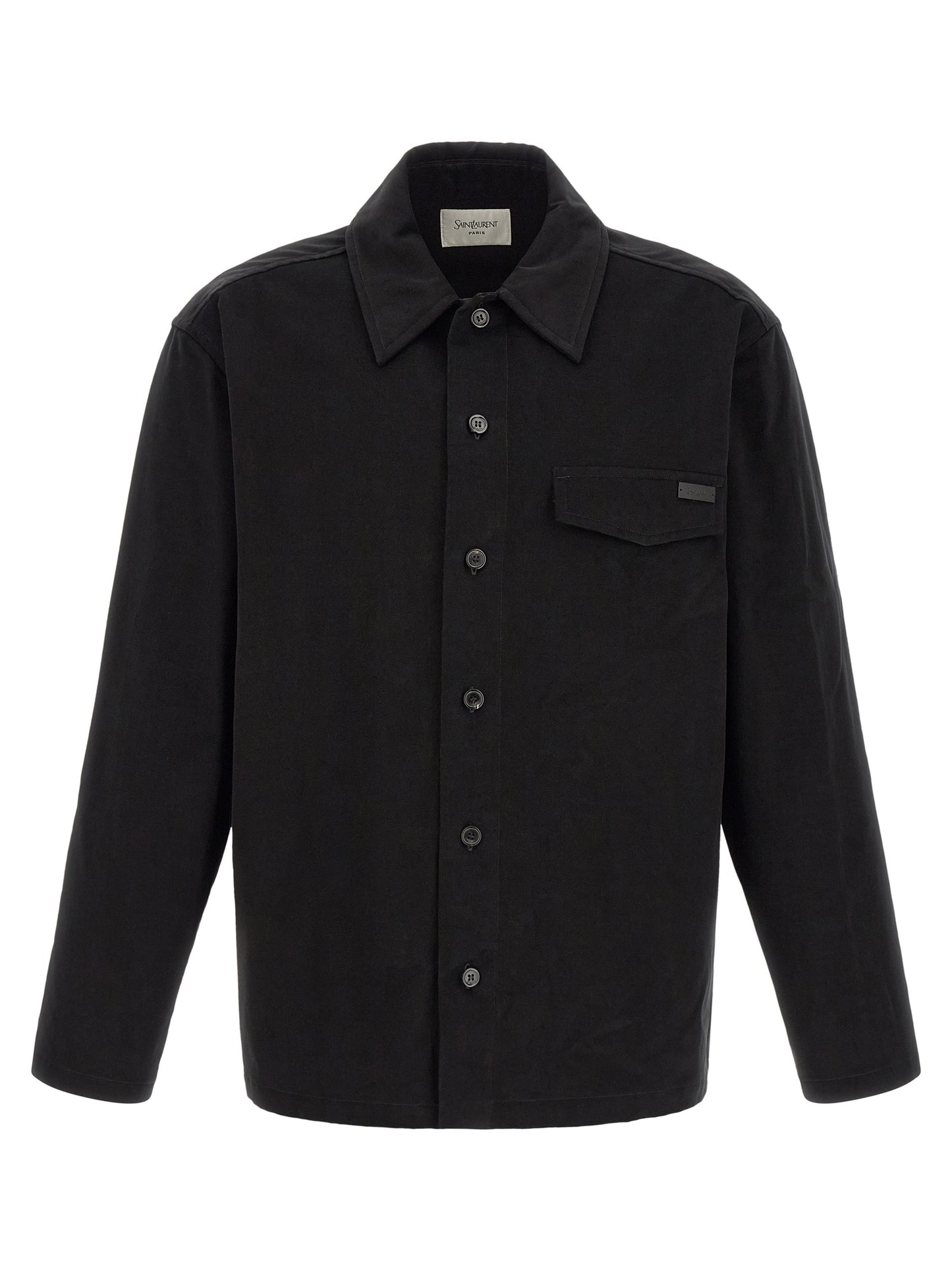 Overshirt by Saint Laurent for men in leather & cotton black showcases a sleek silhouette, elegantly detailed with a sleek and for a sleek finish.
