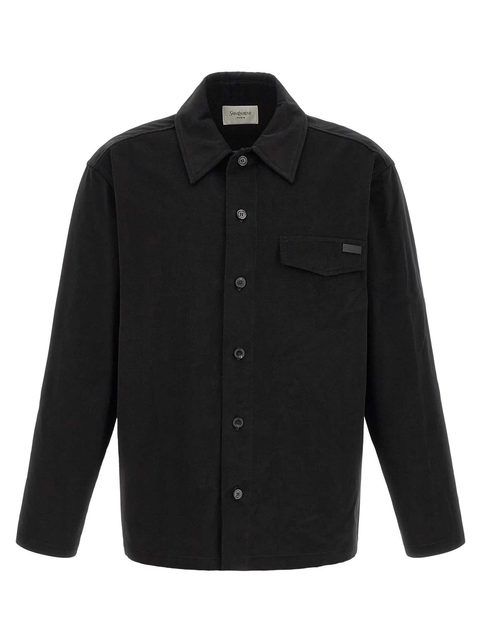 Overshirt by Saint Laurent for men in leather & cotton black showcases a sleek silhouette, elegantly detailed with a sleek and for a sleek finish.