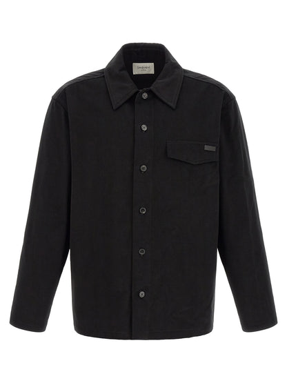 Overshirt by Saint Laurent for men in leather & cotton black showcases a sleek silhouette, elegantly detailed with a sleek and for a sleek finish.