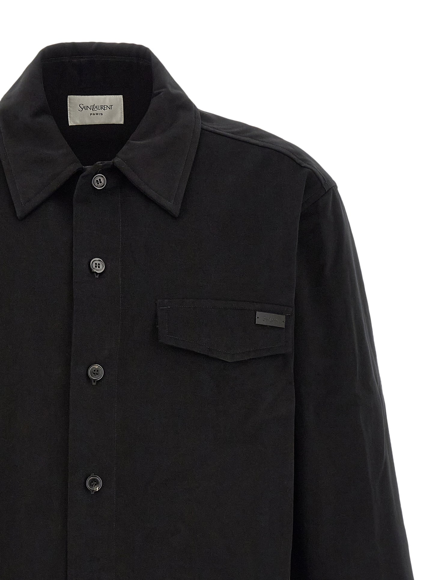 Overshirt by Saint Laurent for men in leather & cotton black showcases a sharp silhouette, elegantly detailed with a sharp and sharp .