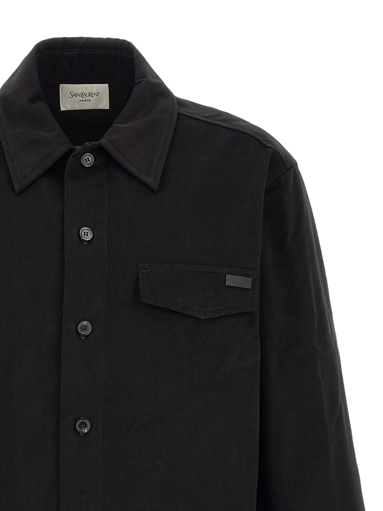 Overshirt by Saint Laurent for men in leather & cotton black showcases a sharp silhouette, elegantly detailed with a sharp and sharp .