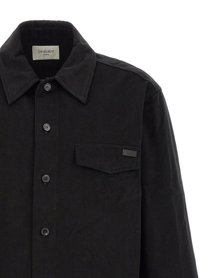 Overshirt by Saint Laurent for men in leather & cotton black showcases a sharp silhouette, elegantly detailed with a sharp and sharp .