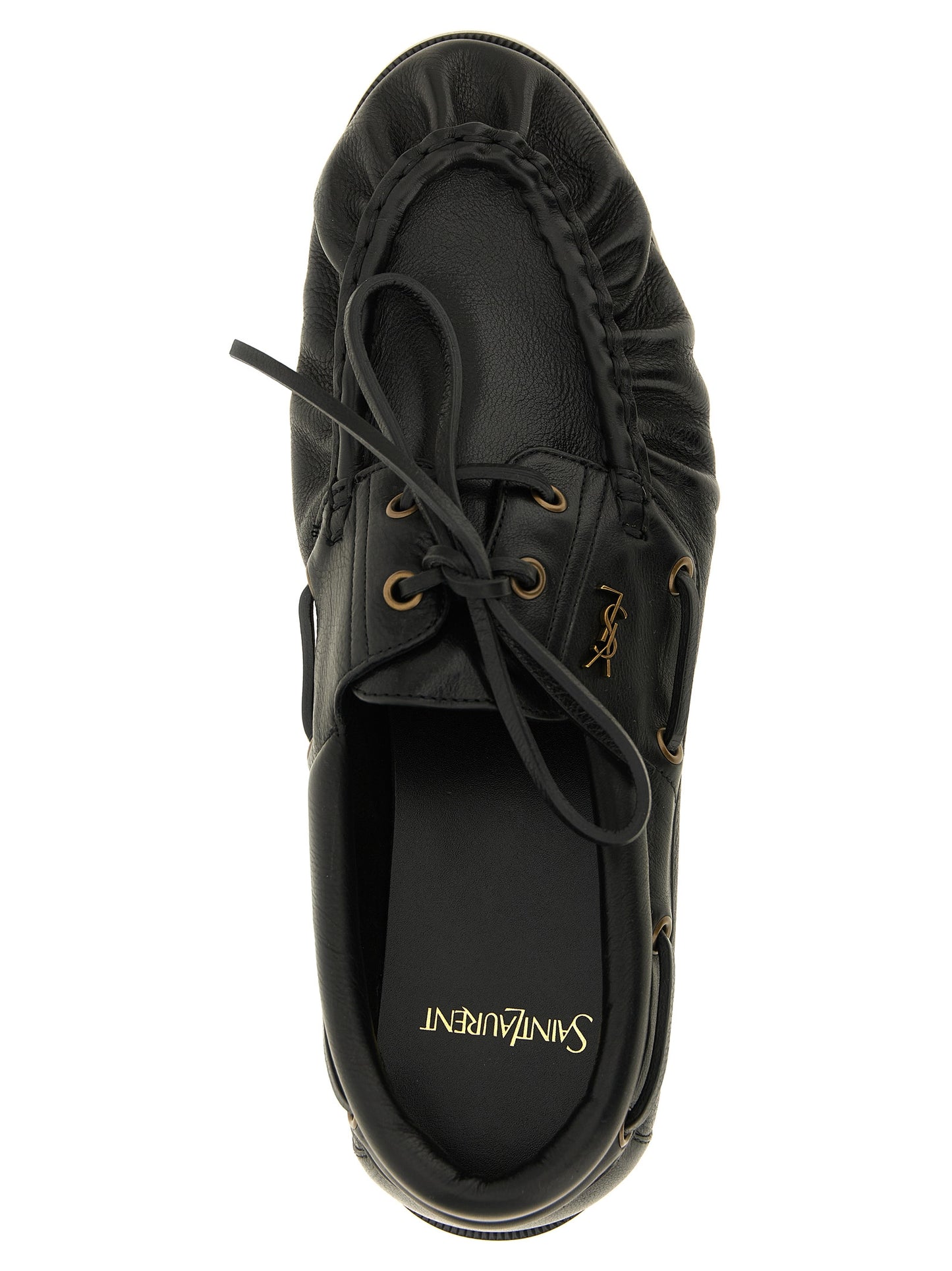 Loafer Slip-On Shoes by Saint Laurent for men in calfskin leather black & gold features an ergonomic silhouette, perfectly showcasing Cassandre Men's Calfskin Leather Loafer Slip-On Shoes with its distinct and elegant moc toe style.