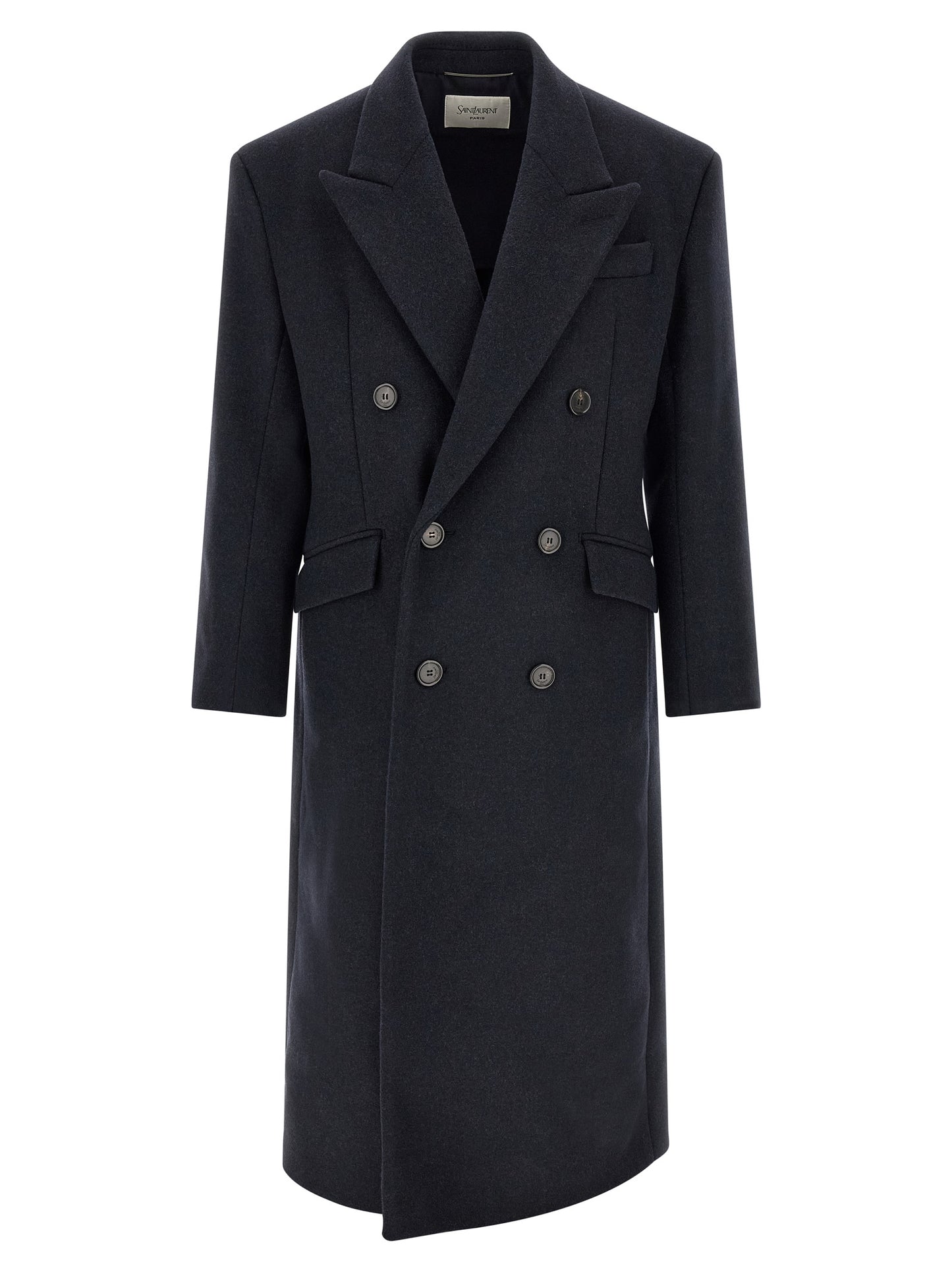 Overcoat by Saint Laurent for men in virgin wool navy showcases a enveloping silhouette, detailed with distinctive pockets & insulated and a enveloping split neckline.
