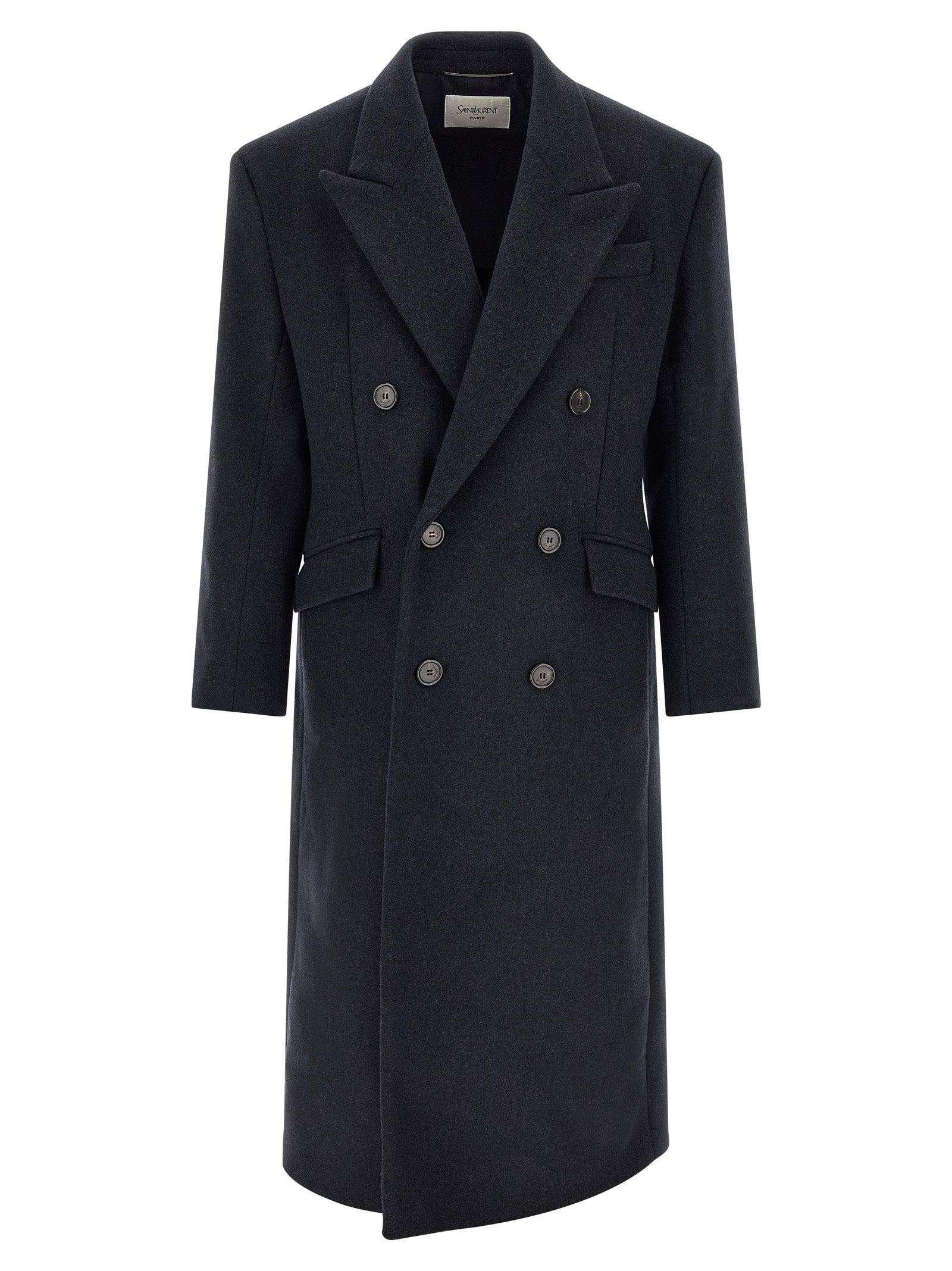 Overcoat by Saint Laurent for men in virgin wool navy showcases a enveloping silhouette, detailed with distinctive pockets & insulated and a enveloping split neckline.