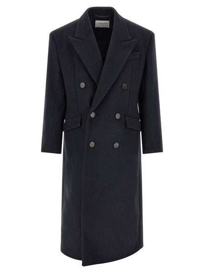 Overcoat by Saint Laurent for men in virgin wool navy showcases a enveloping silhouette, detailed with distinctive pockets & insulated and a enveloping split neckline.