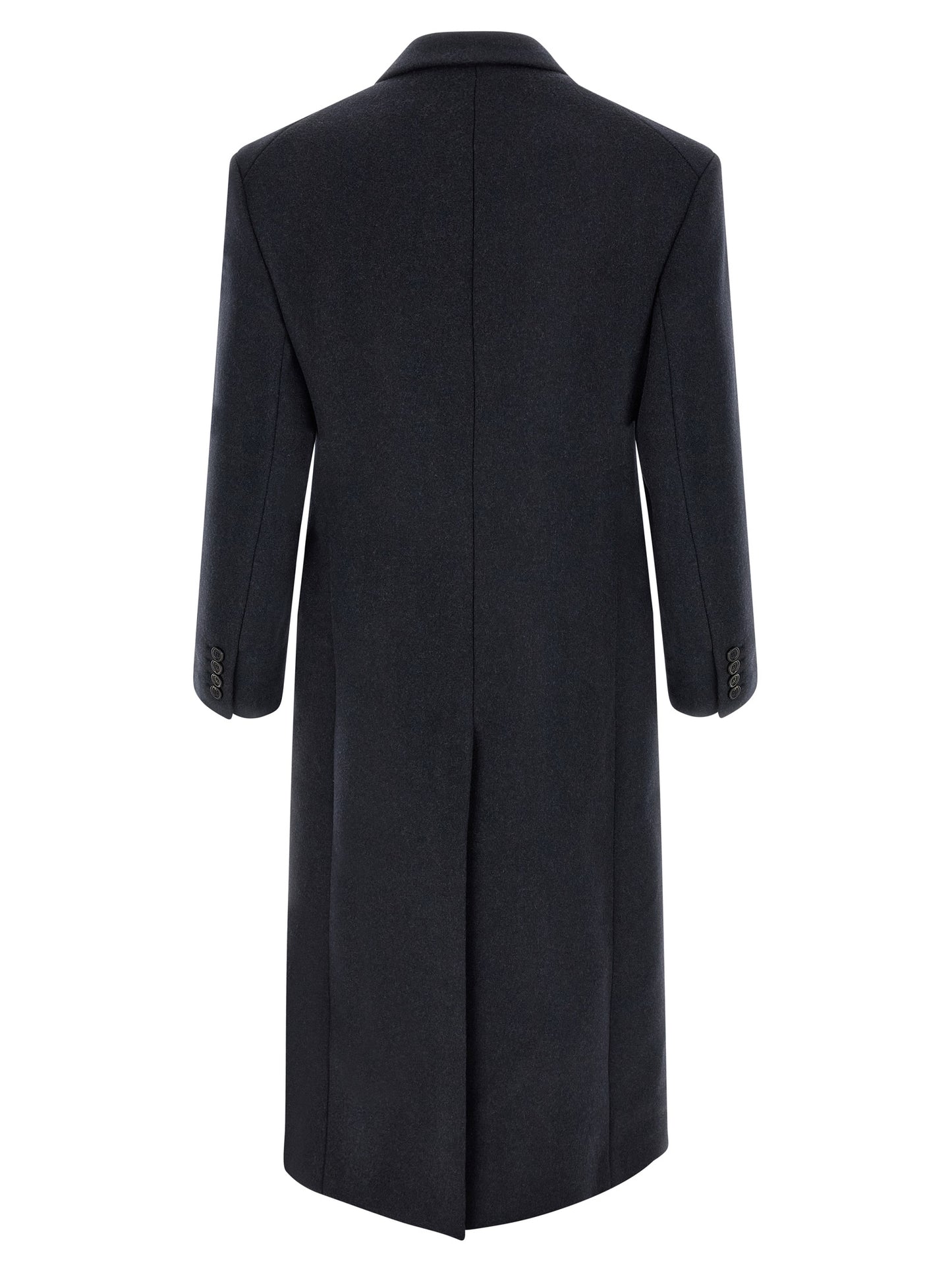 Overcoat by Saint Laurent for men in virgin wool navy showcases a architectural silhouette, artfully detailed with a distinctive split neckline and functional pockets & insulated for a architectural finish.