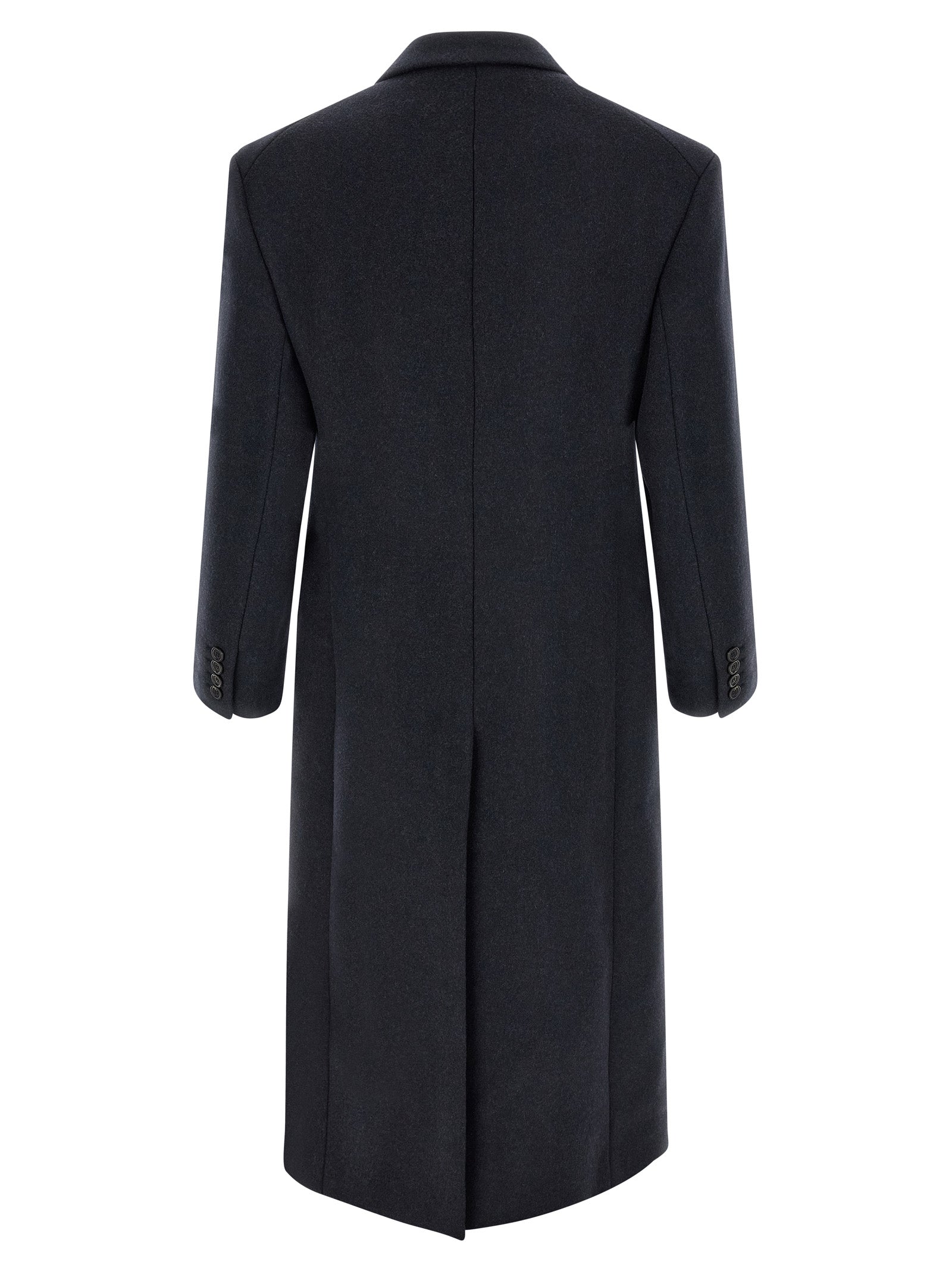 Overcoat by Saint Laurent for men in virgin wool navy showcases a architectural silhouette, artfully detailed with a distinctive split neckline and functional pockets & insulated for a architectural finish.