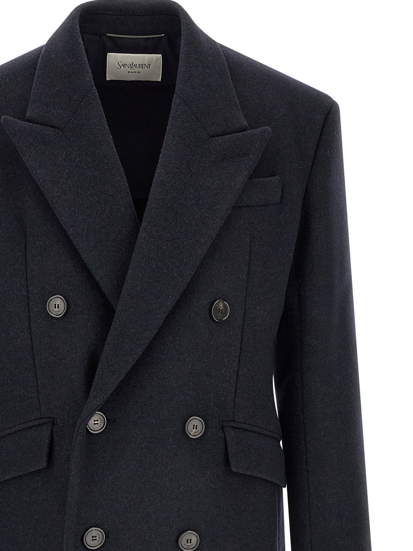 Overcoat by Saint Laurent for men in virgin wool navy features an voluminous silhouette, showcasing distinct pockets & insulated and a voluminous split neckline for a truly voluminous aesthetic.