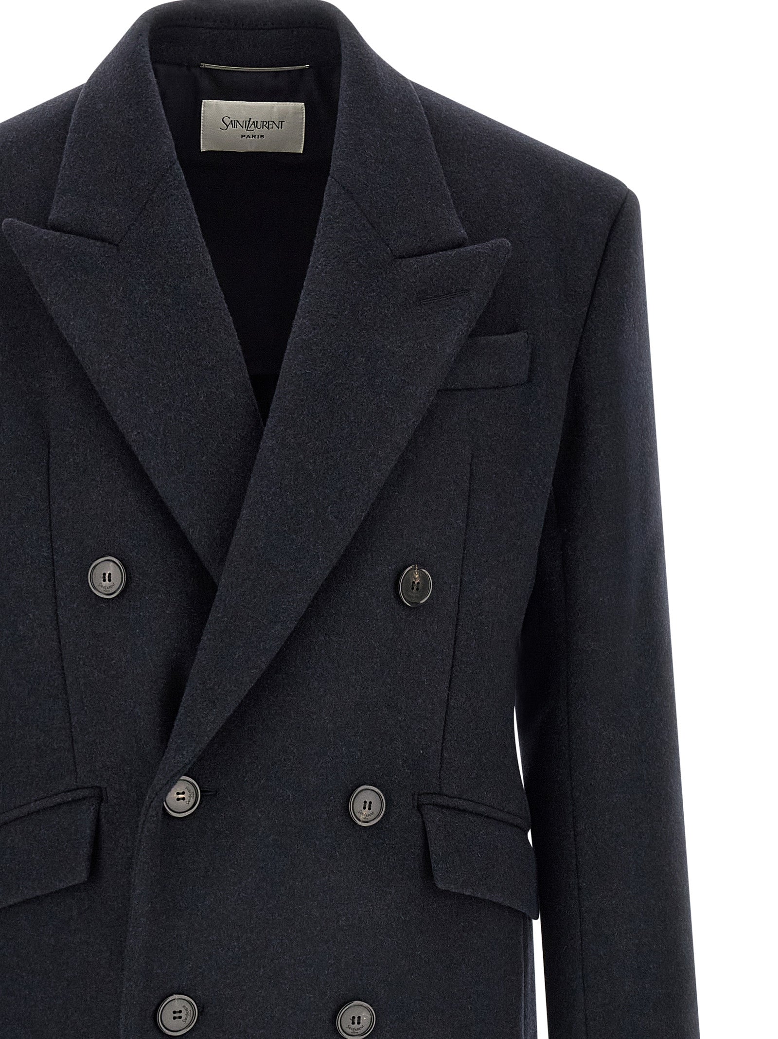 Overcoat by Saint Laurent for men in virgin wool navy features an voluminous silhouette, showcasing distinct pockets & insulated and a voluminous split neckline for a truly voluminous aesthetic.