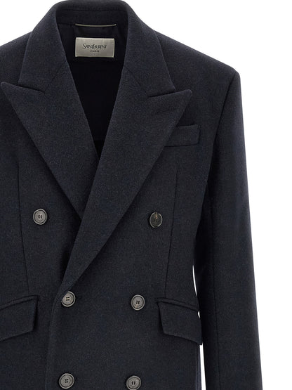Overcoat by Saint Laurent for men in virgin wool navy features an voluminous silhouette, showcasing distinct pockets & insulated and a voluminous split neckline for a truly voluminous aesthetic.