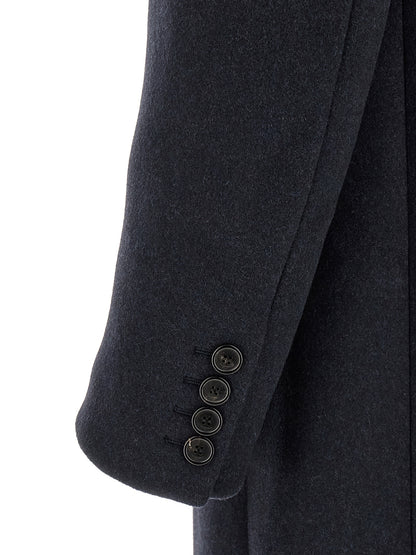 Overcoat by Saint Laurent for men in virgin wool navy features an satoral silhouette, showcasing a sophisticated and satoral pockets & insulated for a premium, timeless look.