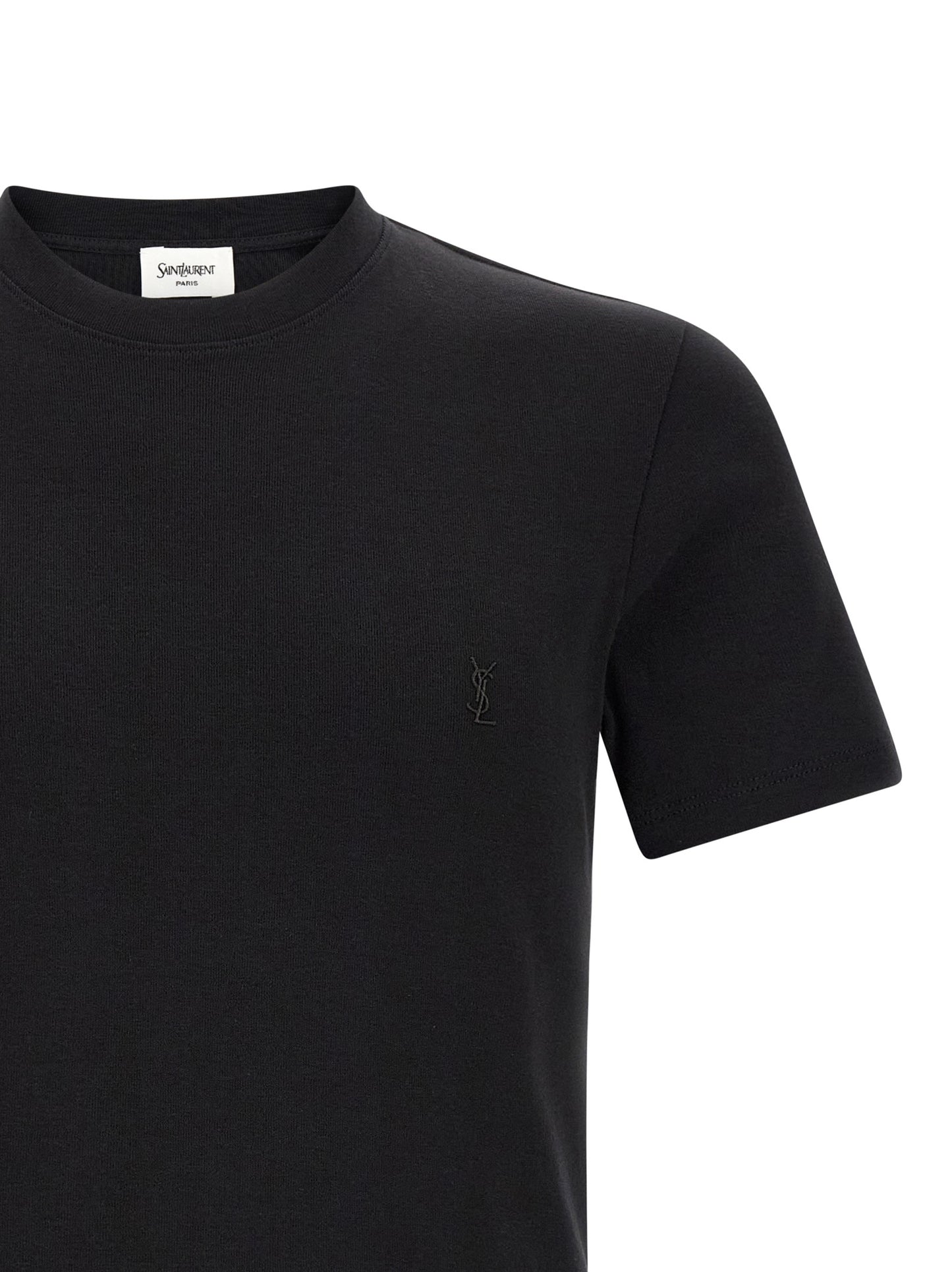 T-Shirt by Saint Laurent for men in cotton black showcases a fashionable silhouette, elegantly detailed with a fashionable and for a sophisticated, high-fashion look.