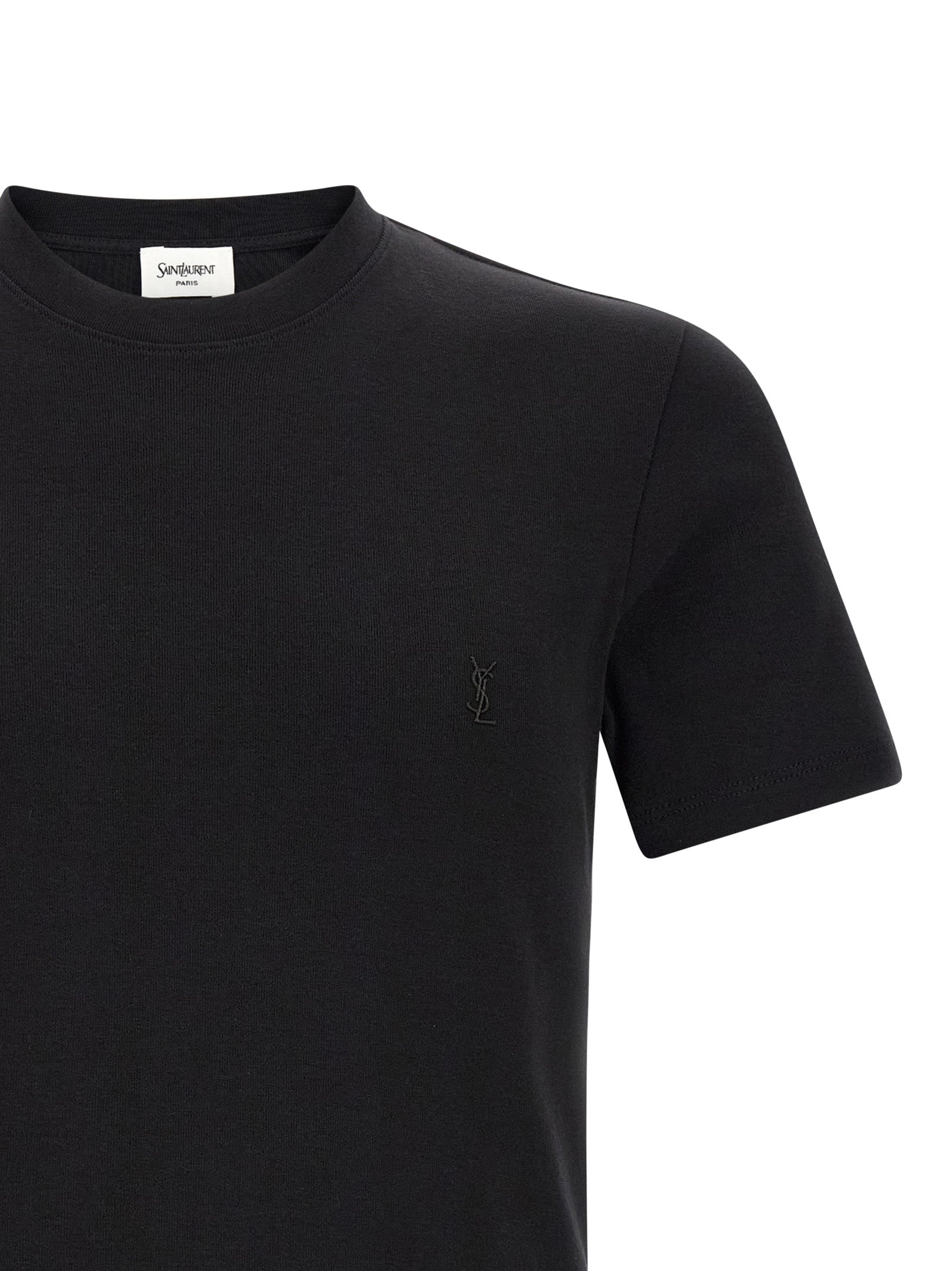 T-Shirt by Saint Laurent for men in cotton black showcases a fashionable silhouette, elegantly detailed with a fashionable and for a sophisticated, high-fashion look.