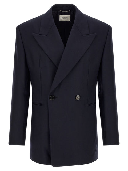 Blazer by Saint Laurent for men in wool navy features an crisp silhouette with sophisticated and a crisp for a truly crisp finish.