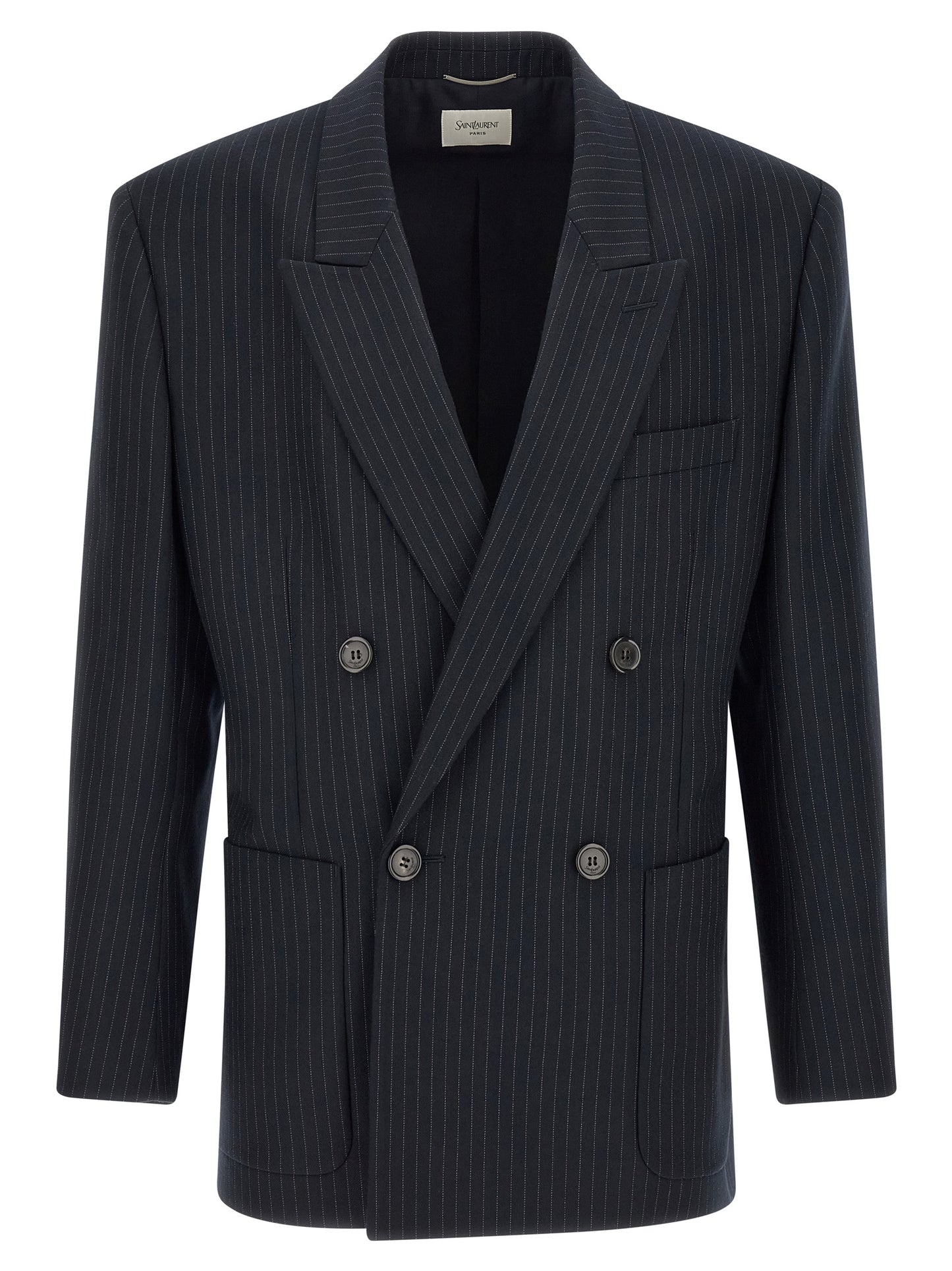 Blazer by Saint Laurent for men in virgin wool & silk navy, patterned & pinstripe features an stylish silhouette, showcasing a sophisticated and stylish for a truly stylish finish.