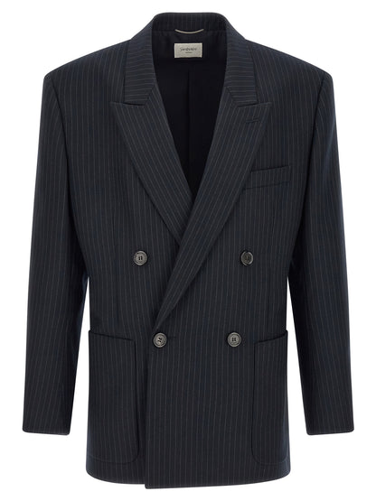 Blazer by Saint Laurent for men in virgin wool & silk navy, patterned & pinstripe features an stylish silhouette, showcasing a sophisticated and stylish for a truly stylish finish.