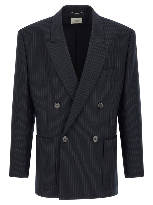 Blazer by Saint Laurent for men in virgin wool & silk navy, patterned & pinstripe features an stylish silhouette, showcasing a sophisticated and stylish for a truly stylish finish.