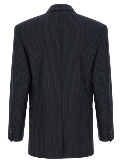 Blazer by Saint Laurent for men in virgin wool & silk navy, patterned & pinstripe features an stylish silhouette, showcasing a sophisticated and stylish for a truly stylish finish.