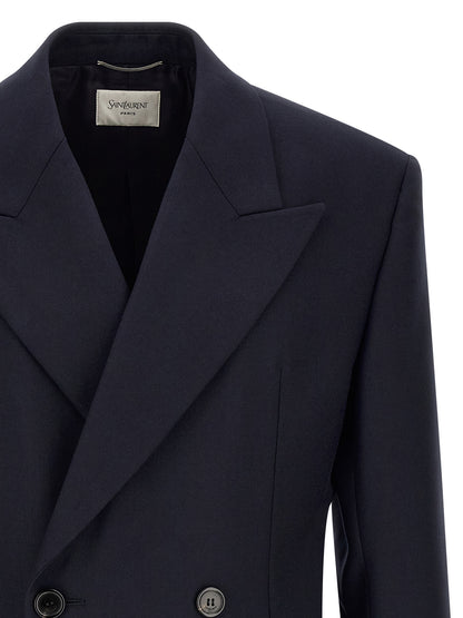 Blazer by Saint Laurent for men in wool navy features an sartorial silhouette, showcasing a sophisticated and sartorial for a truly sartorial finish.