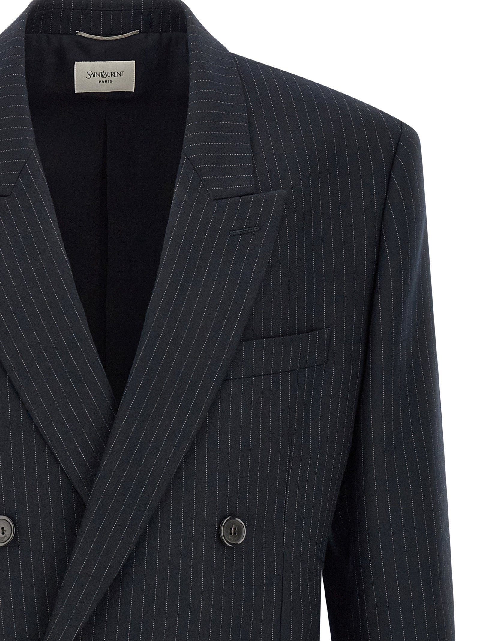 Blazer by Saint Laurent for men in virgin wool & silk navy, patterned & pinstripe showcases a polished silhouette, highlighted by a refined and polished for a sophisticated finish.