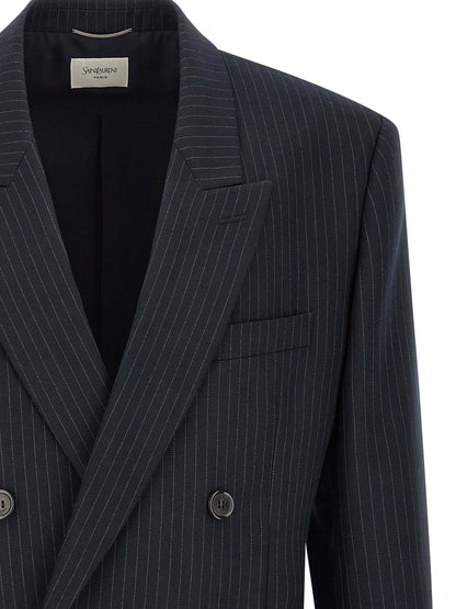 Blazer by Saint Laurent for men in virgin wool & silk navy, patterned & pinstripe showcases a polished silhouette, highlighted by a refined and polished for a sophisticated finish.