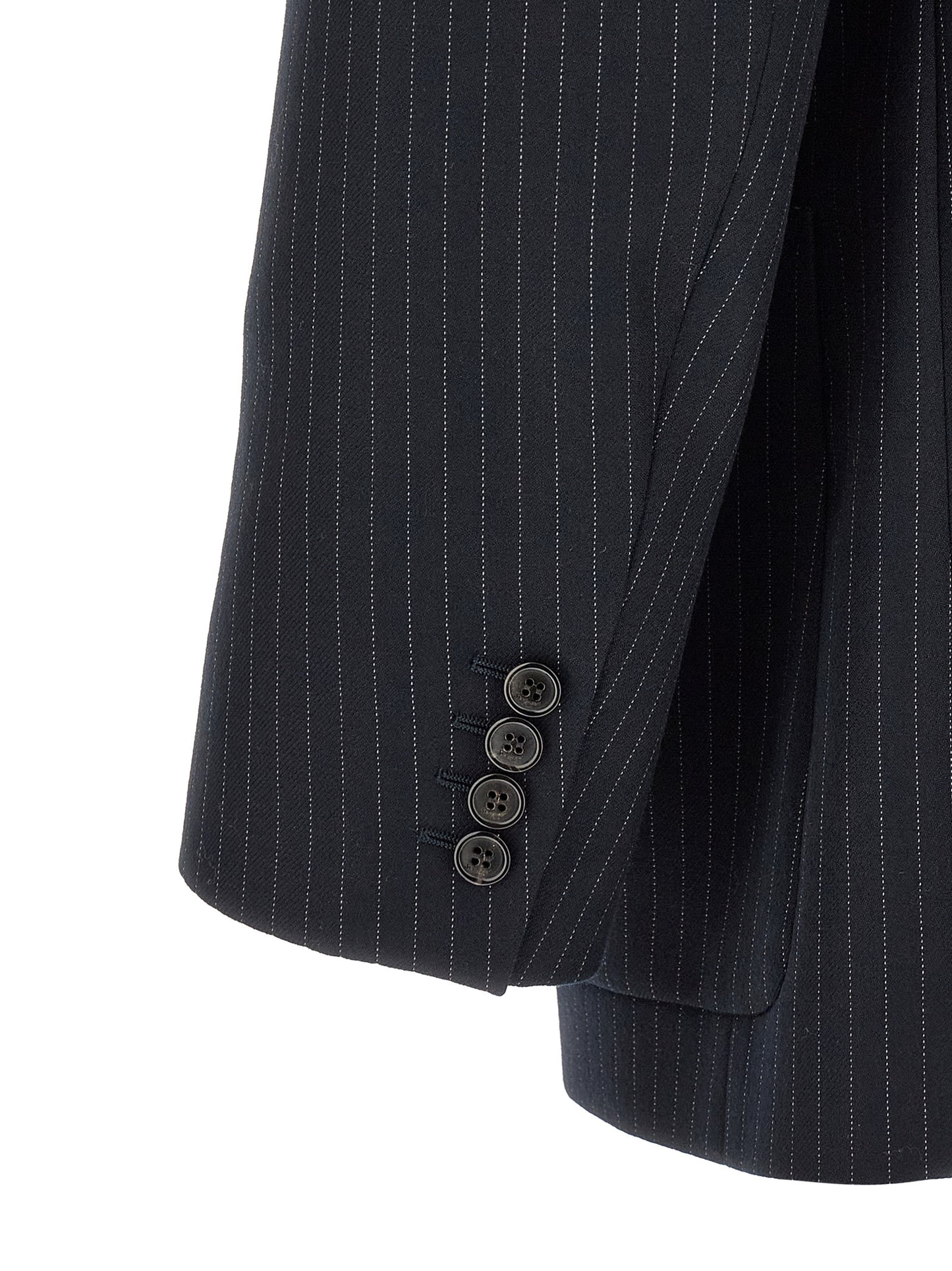 This Blazer by Saint Laurent for men in virgin wool & silk navy, patterned & pinstripe presents a tailored silhouette, meticulously tailored with a tailored and distinctive for a tailored finish.