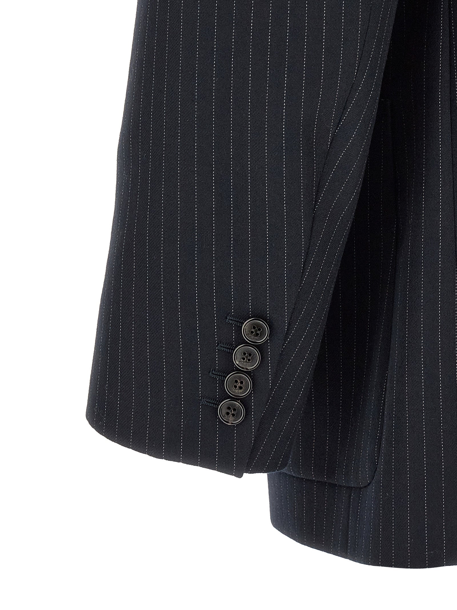 This Blazer by Saint Laurent for men in virgin wool & silk navy, patterned & pinstripe presents a tailored silhouette, meticulously tailored with a tailored and distinctive for a tailored finish.