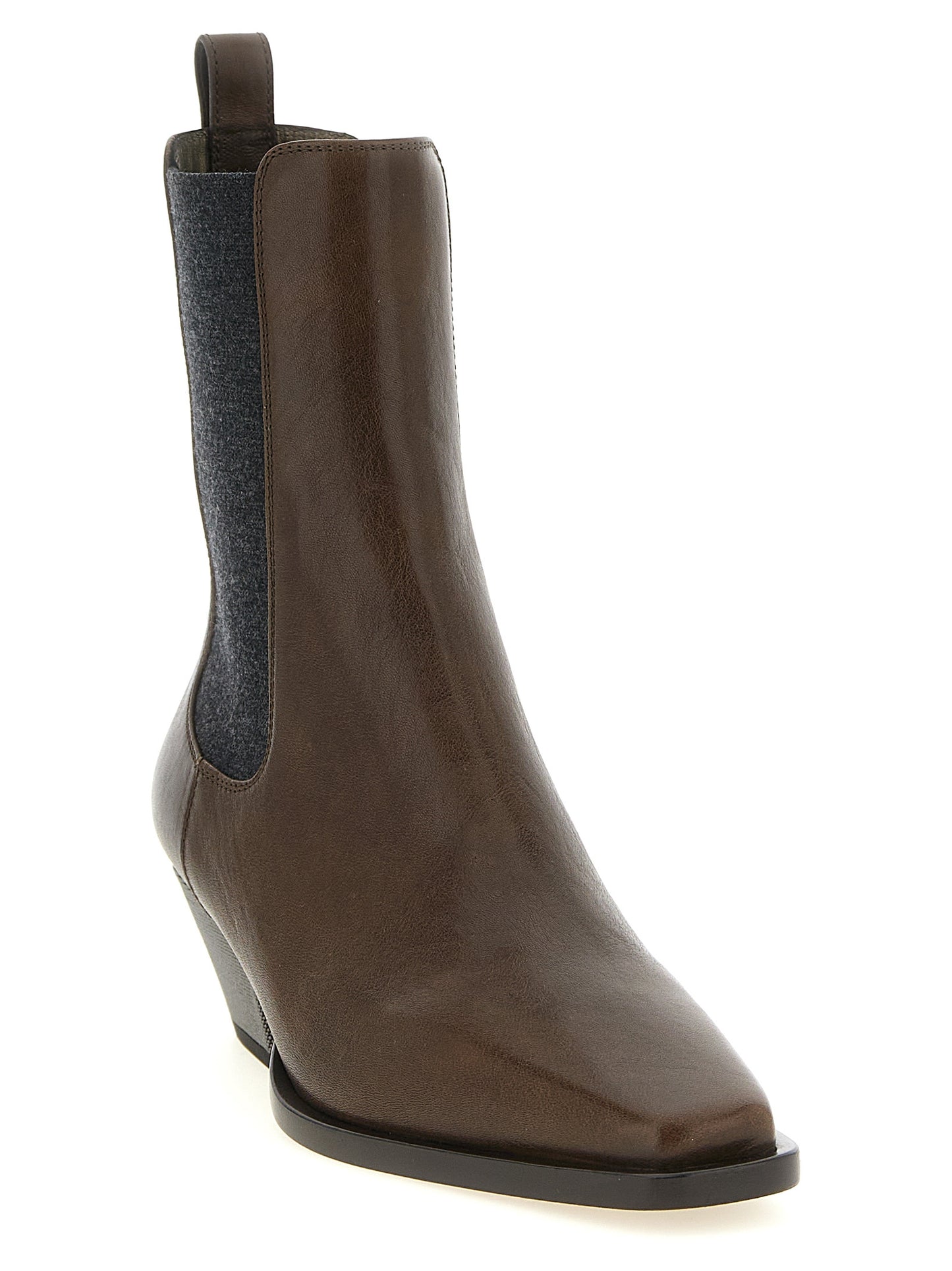 Ankle Chelsea Riding Boots by Brunello Cucinelli for women in cowhide leather brown & dark-gray showcases a ergonomic silhouette from the Monile Star Women's Cowhide Leather Ankle Chelsea Riding Boots collection, featuring a ergonomic block-heel and a ergonomic square toe style.