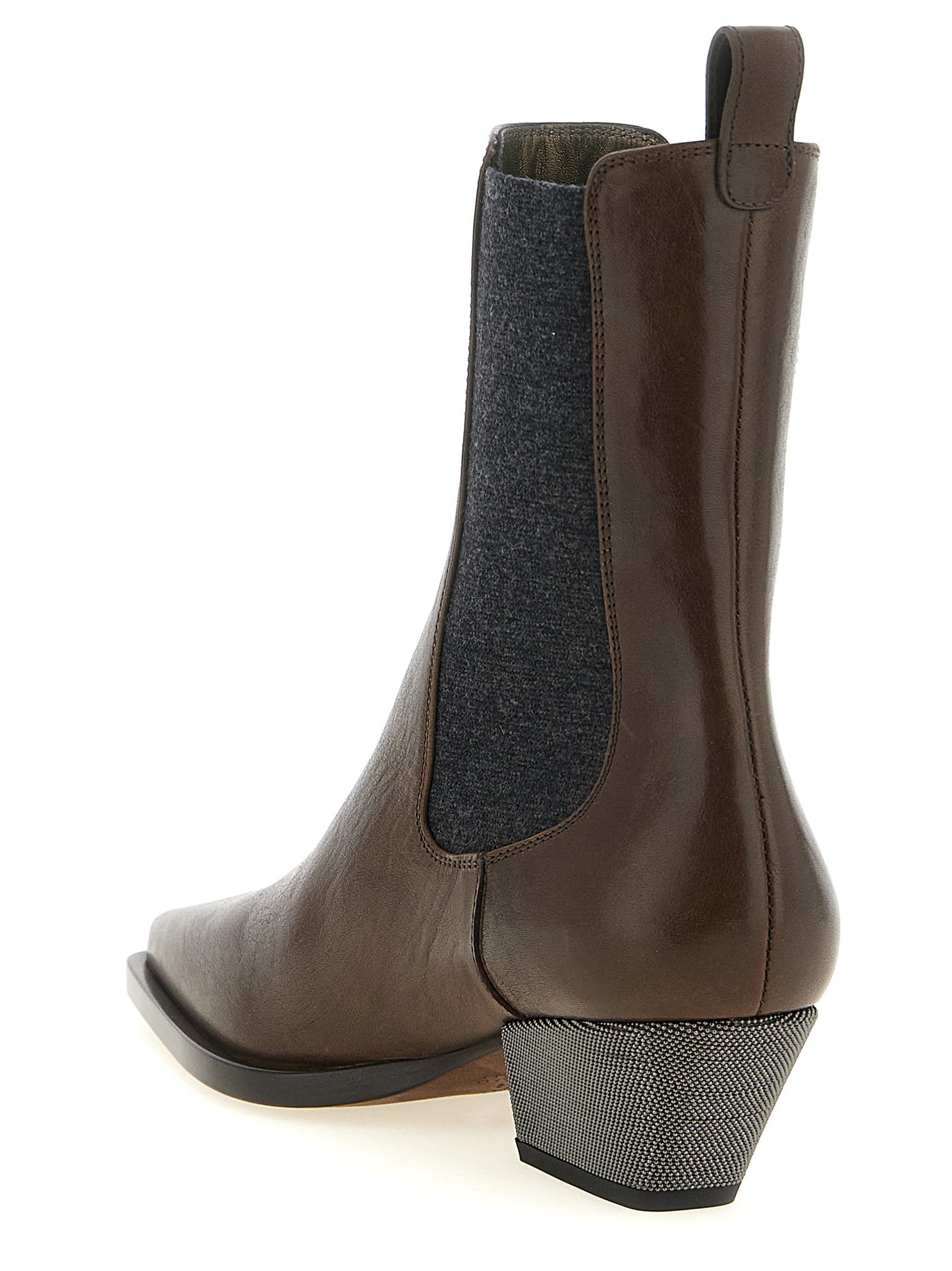 Ankle Chelsea Riding Boots by Brunello Cucinelli for women in cowhide leather brown & dark-gray features an high-performance silhouette, showcasing the sophisticated design of the Monile Star Women's Cowhide Leather Ankle Chelsea Riding Boots with a block-heel and a refined square toe style.