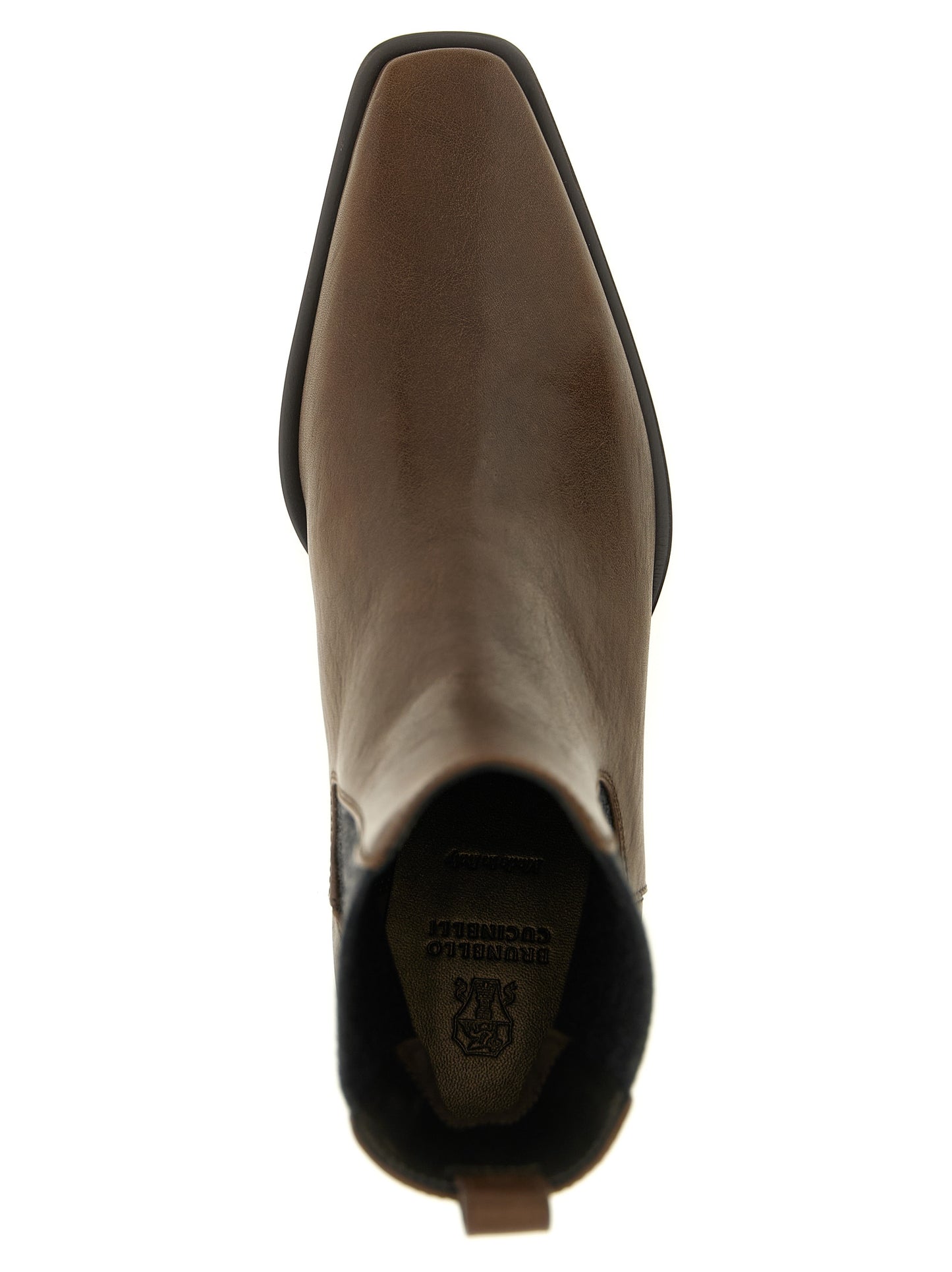 Ankle Chelsea Riding Boots by Brunello Cucinelli for women in cowhide leather brown & dark-gray features an dynamic silhouette, showcasing the dynamic Monile Star Women's Cowhide Leather Ankle Chelsea Riding Boots design with its distinctive block-heel and elegant square toe style.